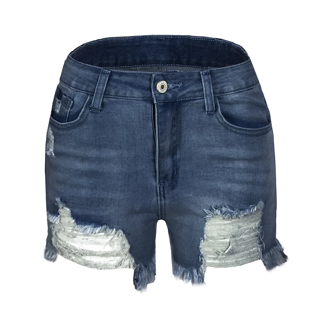 

2021 summer new fashion elastic ripped fringed ladies denim shorts
