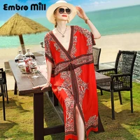 summer new silk print v neck dress beach style short sleeve loose waist woman seaside party dress s xl