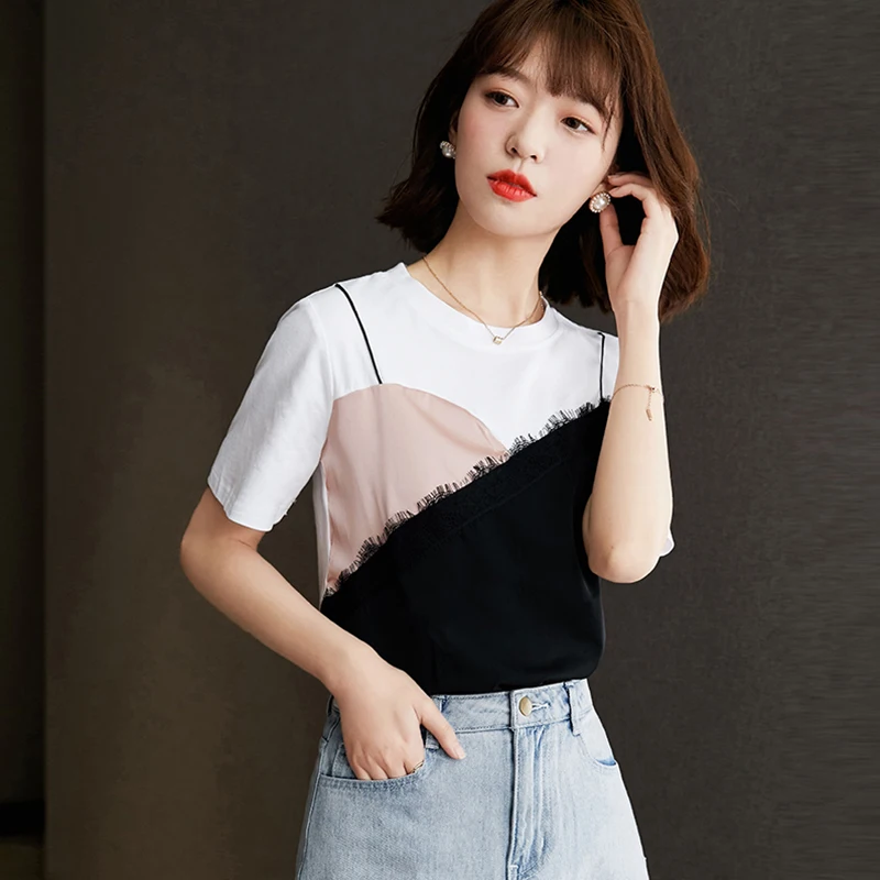 Футболка женская с круглым вырезом топ имитацией двух частей кружевная