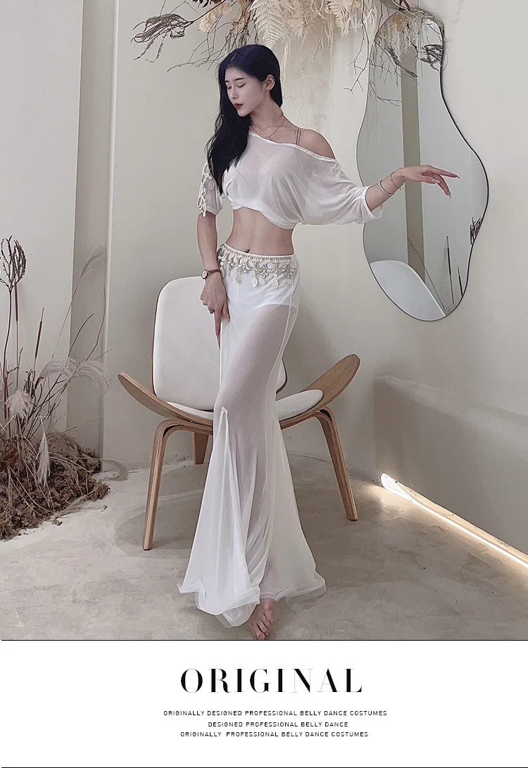 Женский костюм для танца живота белый выступлений из сетчатой ткани с топом и
