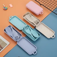 4pc portable wheat straw fork cutlery set foldable folding chopsticks cutlery set with box picnic camping travel tableware set