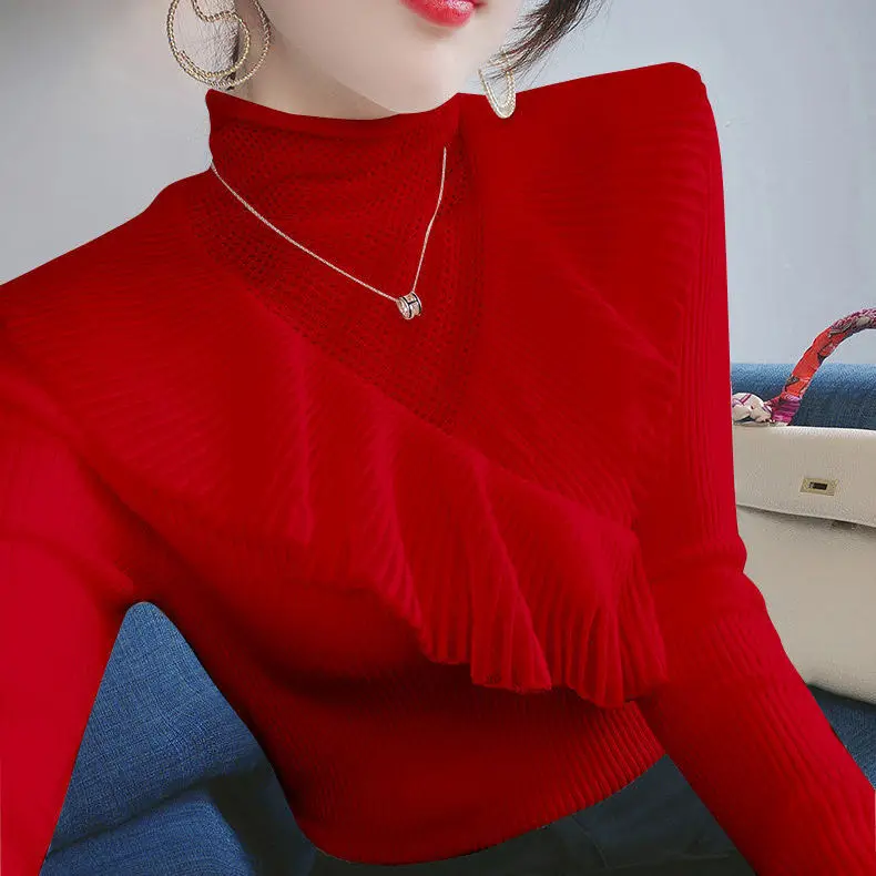 

Mesh cut-out lace pile high collar sweater bottom coat new style women's foreign style in autumn and winter with knitwear