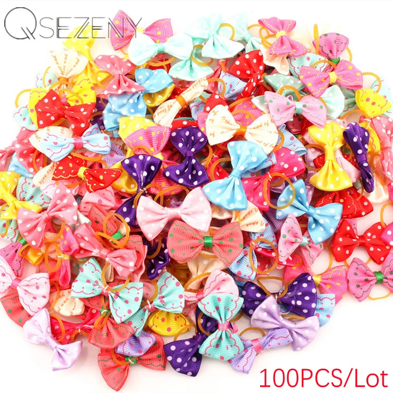 

100pcs Sweet Ribbon Pet Dog Grooming Accessories Handmade Small Dog Cat Hair Bows With Elastic Rubber Band Dog Hair Accessories