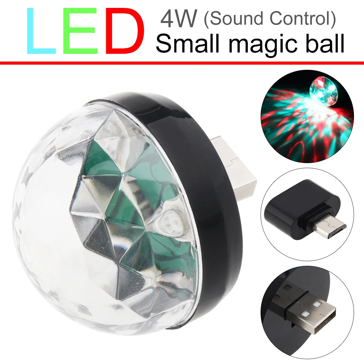 4W Mini USB LED Sound Active Party Light Crystal Magic Ball RGB Colorful Stage Light Support for Andriod Phone for Home Car KTV