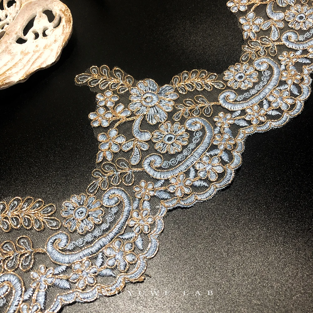Изящный 1 ярд Золотой синий цвет вышивка аппликация с кружевной отделкой цветок
