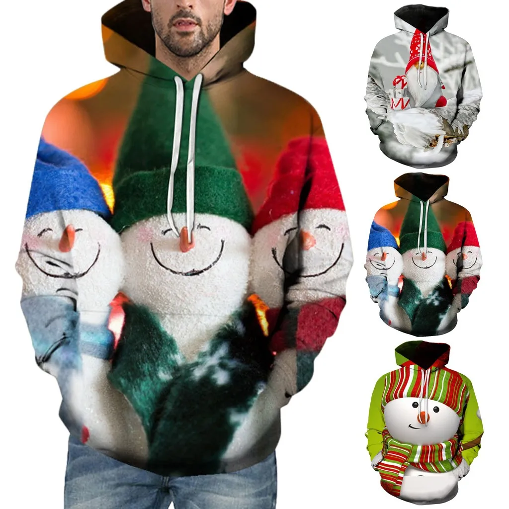 

Vogue Men Christmas Sweatshirt Drawstring 3D Print Funny Lovely Christmas Snowman Hoodies Hip Hop Long Sleeve Popular Pullover