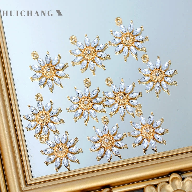 

10Pcs Crystal Flower Charms Shinning Rhinestone Gold Color Plant Pendants Accessories For Jewelry Making Supplies DIY Handmade