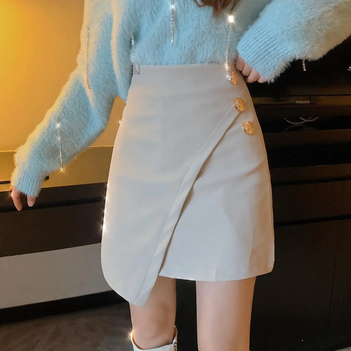 

Double Golden Buttons Mini Skirt Women Plus Size Sexy Sheath Pencil Skirt Casual PU Leather Skirt Office Lady High Waist M356
