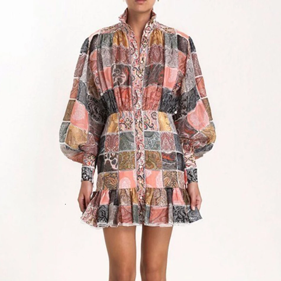 Зимнее плиссированное платье в стиле ретро с воротником стойкой и длинным