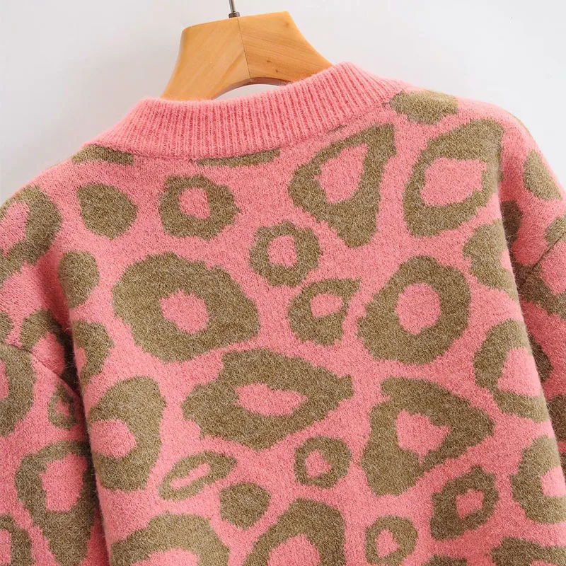 

Leopard Print Round Neck Long Sleeve Pullover All-match Knit Chic Women's Sweater Harajuku Korean Sweet Loose Female Sweater Top