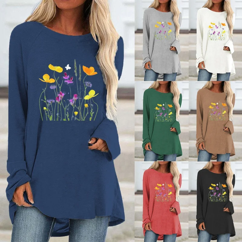 

Женская осенне-зимняя однотонная модная графическая Футболка с принтом, пуловер с длинным рукавом и круглым вырезом, свободные топы большо...