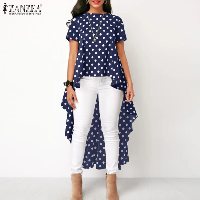 

Women Asymmetrical Blouse ZANZEA 2021 Summer Office Lady Polka Dots Loose Tops Casual Short Sleeve O-neck Oversize Blusa Femme