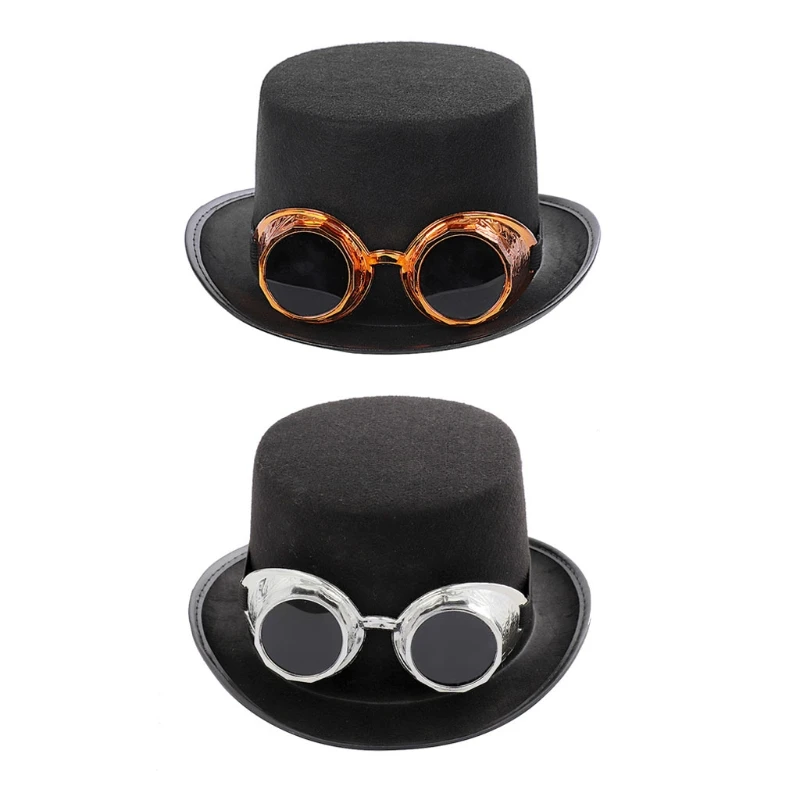 

Victorian Steampunk Gothic Top Hat with Detachable Goggles Bowler Jazz Cap Halloween Cosplay Carnival Costume Accessory