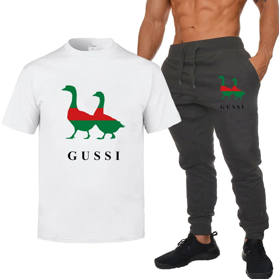 

2021 Swan fashion casual sportswear summer letter printing men's jogging fitness men's T-shirt Fashion Top + casual pants