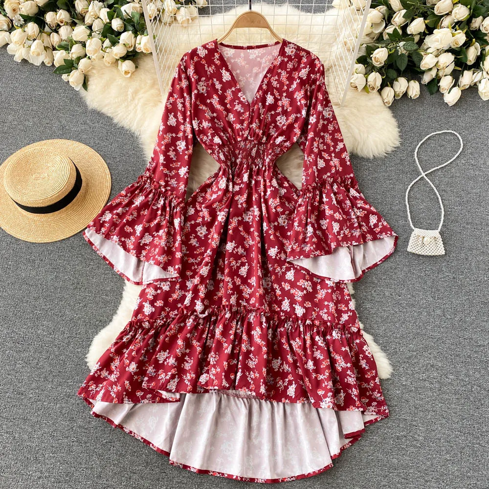 

C420 Women New Fashion Vintage Floral Print A-line Dress 2021 Autumn High Waist Slim Long Flare Sleeve V-neck Casual Vestidos