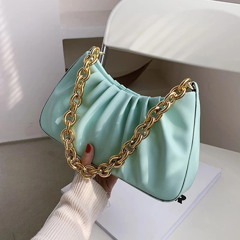 

Folds Design PU Leather Underarm Shoulder Bags for Women 2021 Winter Branded Handbags and Purses Luxury Chain Totes