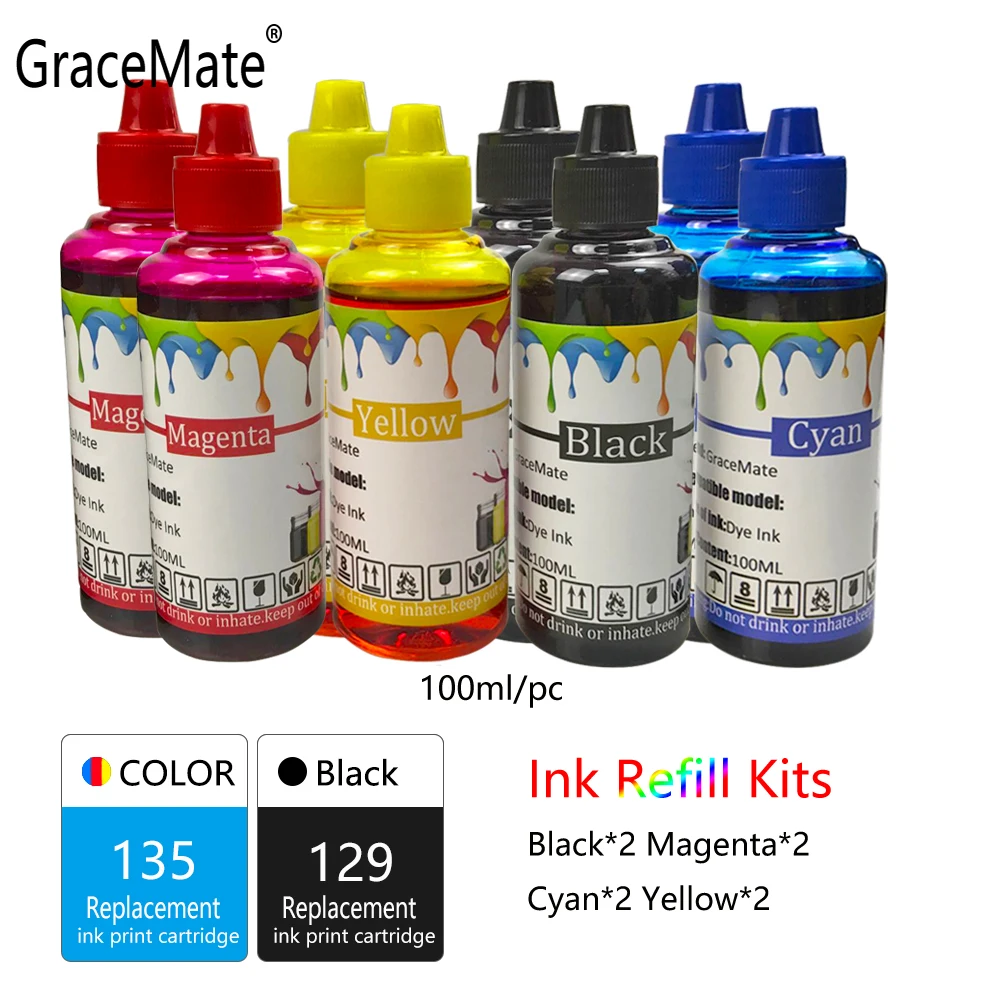 Сменная бутылка чернил GraceMate для принтера HP 129 135 C4140 C4150 C4170 C4173 C4175 C4180 C4183 C4188 C4190