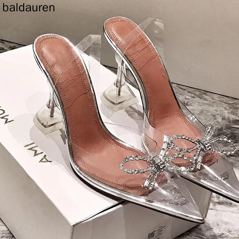 

New Brand Women Pumps Transparent Bow Pointed Toe Crystal Heels Fairy High Heeled Wedding Shoes PVC Dress Shoes