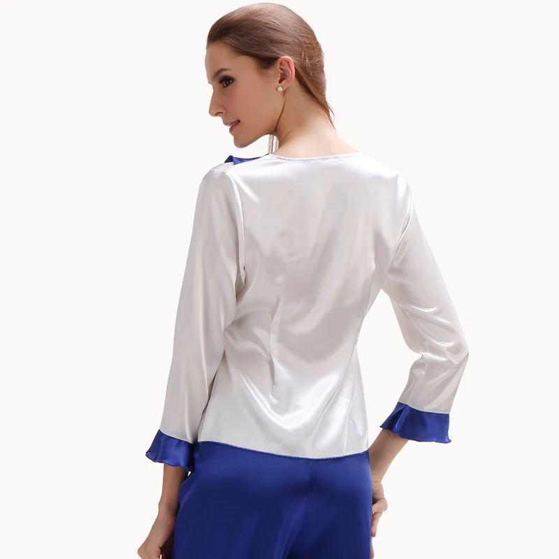 Синяя белая шелковая пижама женская одежда для сна Атласный пижамный комплект с