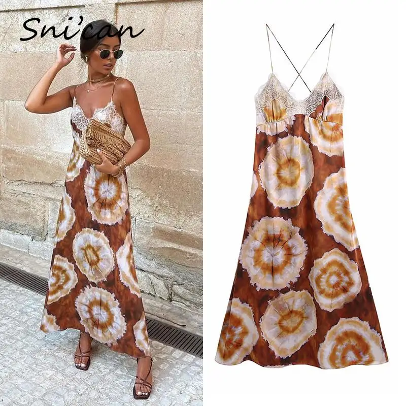 

Brown Floral Lace Strap Dress Summer Casual Long Roupa Feminina Fashion Elegant Sukienka Letnia Za Women 2021 Vestidos Robe New