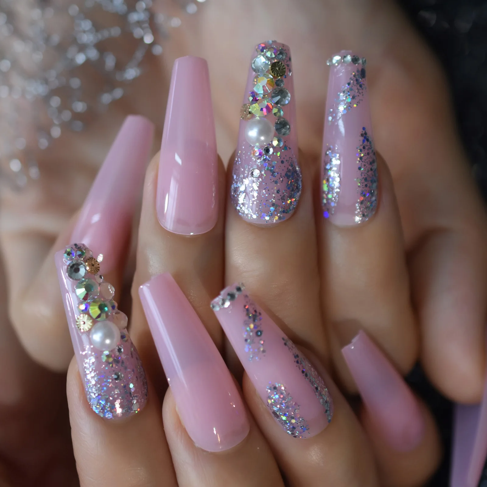 Translucent Pink Pearl Glitter Pre Designs Extra Long Coffin Nail Tips Press On Nails Full Cover Fingernail Putty Manicure Nails