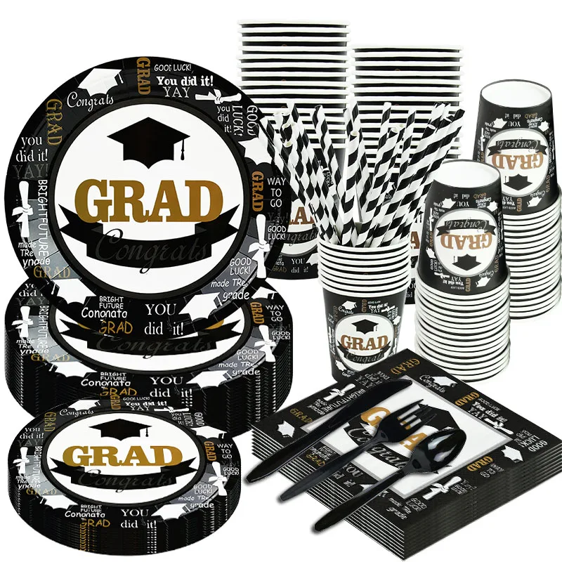 

Graduation Party Disposable Tableware Black White Disposable Plates Cups Napkins Cutlery For Grduate Party Supplies 2021 Class