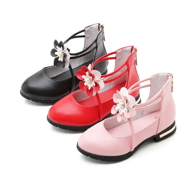 Новая мода цветок Детские высокий каблук кожаная обувь Детская школьная