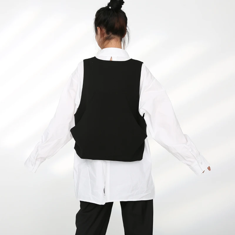 

Black Asymmetrical Women Personality Long Loose Fit Vest New V-collar Sleeveless Fashion Tide Spring Autumn 2021 1R96401