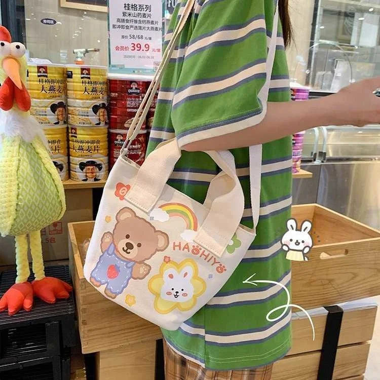 

Summer cute little bag ancient style cute color printed bear soft girl student Canvas Shoulder Bag