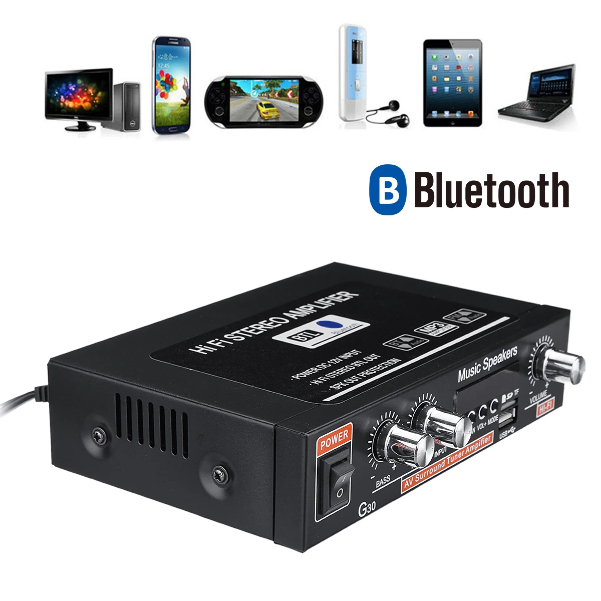 Автомобильный Hi Fi усилитель с bluetooth 12 В/220 В 200 Вт динамик сабвуфером FM радио стерео