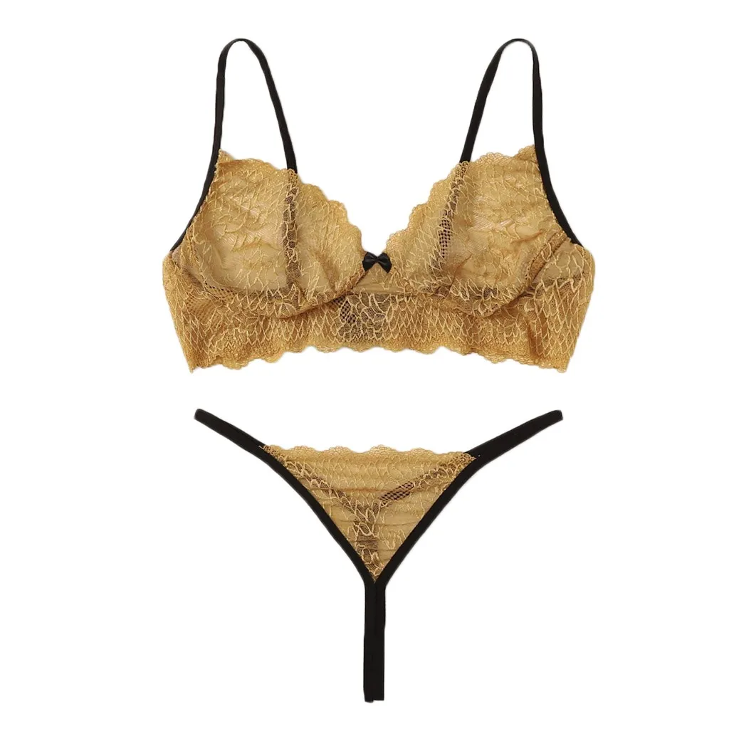 Mujer lingerie erotic New Sexy Women Lace Lingerie Wire Free Underwear Bowknot Bra Thong G-String Set ropa interior #351025 |