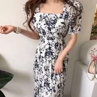 2021 summer vintage ink print dress women square collar print pleated long dresses for female casual chic short sleeve dresses
