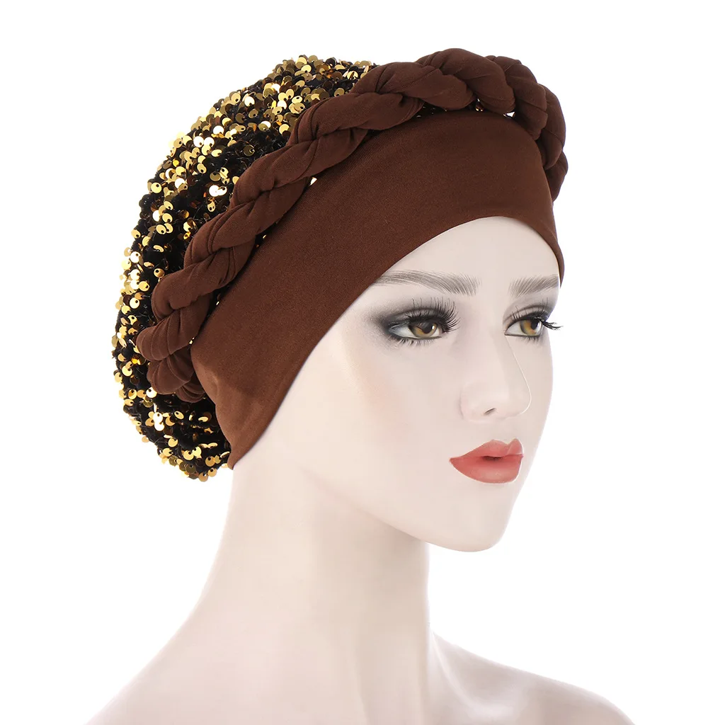 

Helisopus New Forehead Sequin Braid Hat Bandana African Sequin Twist Braid Turban Ready Female Head Wraps Inner Hijabs Caps