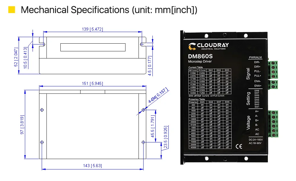 Cloudray 2-фазный шаговый драйвер DM860S поставить Напряжение 18-80VAC& 24-100VDC Выход 2,4-7.2A ток