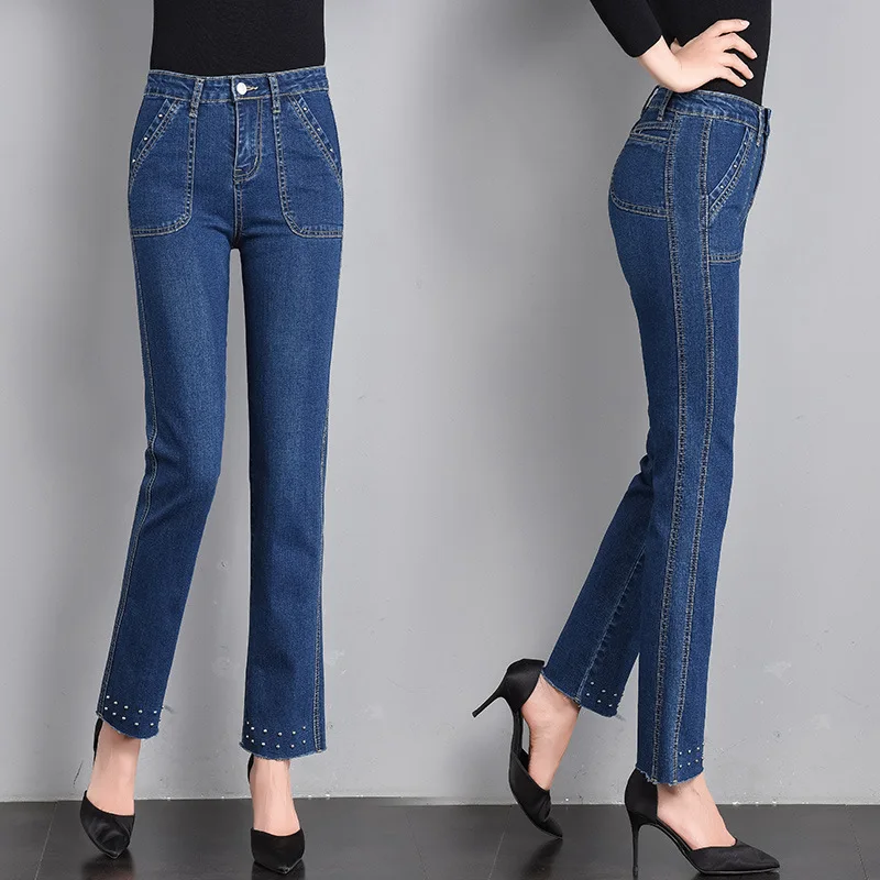 female stretch high waist pants free post tight pants trousers mom jeans combinaison pantalon femme Bead jeans blue 26-32
