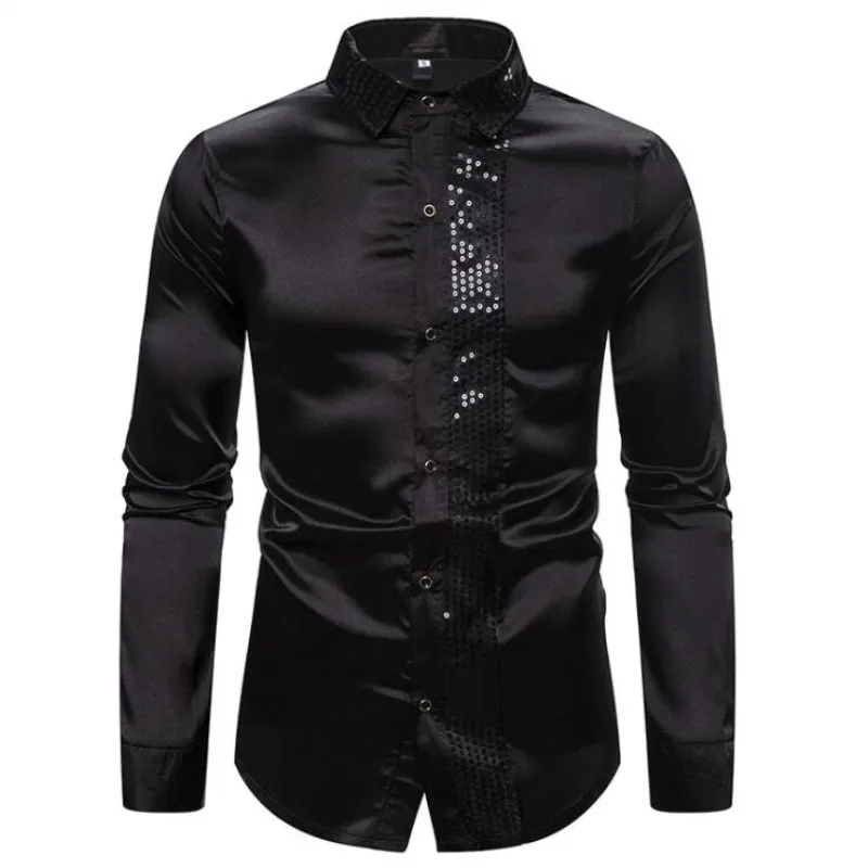 

European Code Silver Metallic Sequins Glitter Shirt Men's Casual Shirt Party Halloween Costume Homme Stage Shirt Male