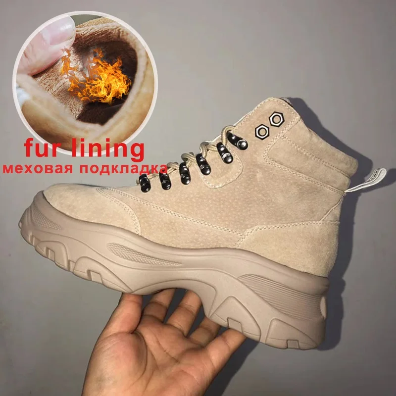 plush Beige Новинка; женские зимние ботинки из натуральной кожи; модная женская обувь на платформе с теплым мехом; коллекция года; повседневные Ботинки martin с высоким берцем в стиле ретро; botas mujer - Цвет: plush Beige
