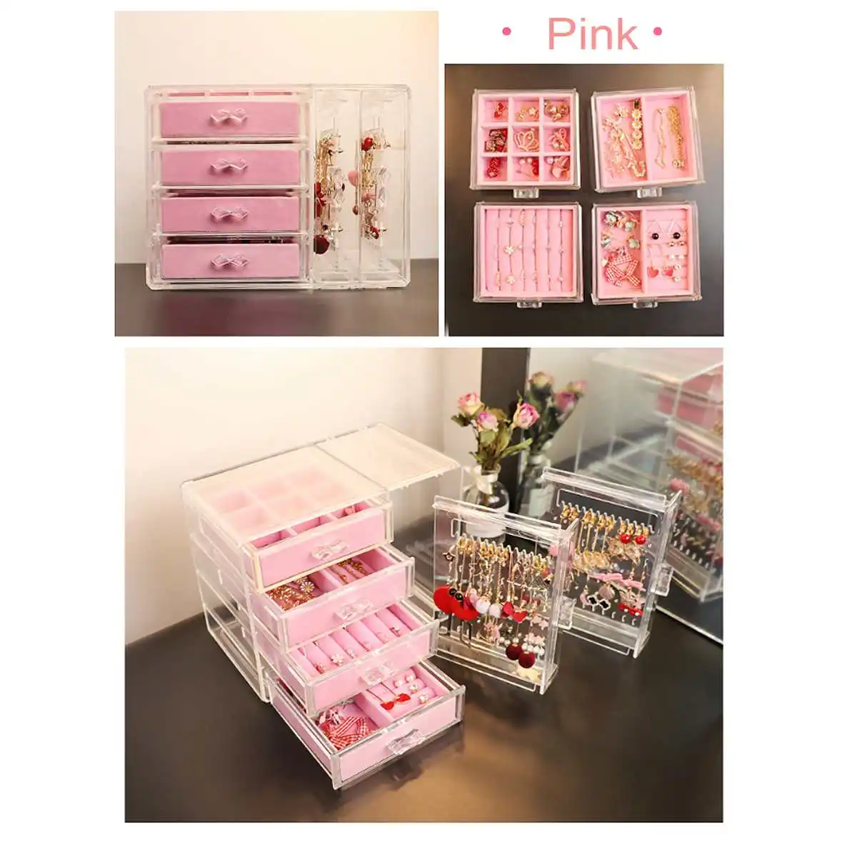 pink 4 слоя акриловая коробка для хранения ювелирных изделий ящик+ 2 серьги дисплей стойки ожерелье браслет кольцо Органайзер чехол пылезащитный - Цвет: pink