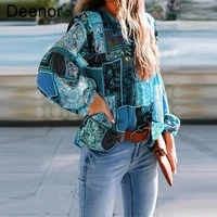 deenor womens blouse chiffon bohemian printed bubble sleeve shirt casual loose shirt top basic vacation shirt