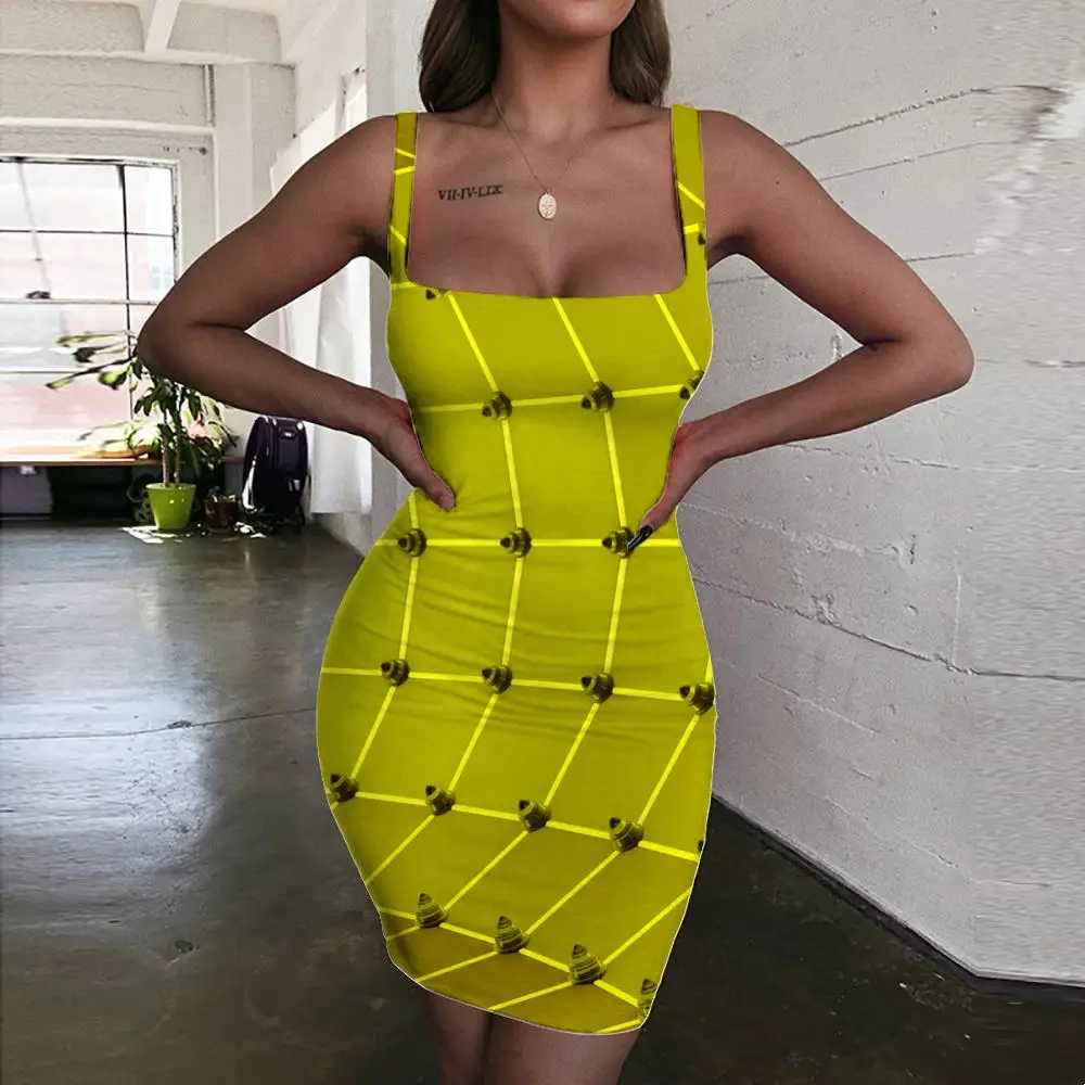 

Giyu Brand Geometric Dress Women Psychedelic Vestido Sexy Vortex 3d Print Time Tunnel Ladies Dresses Yellow Halter Sleeveless