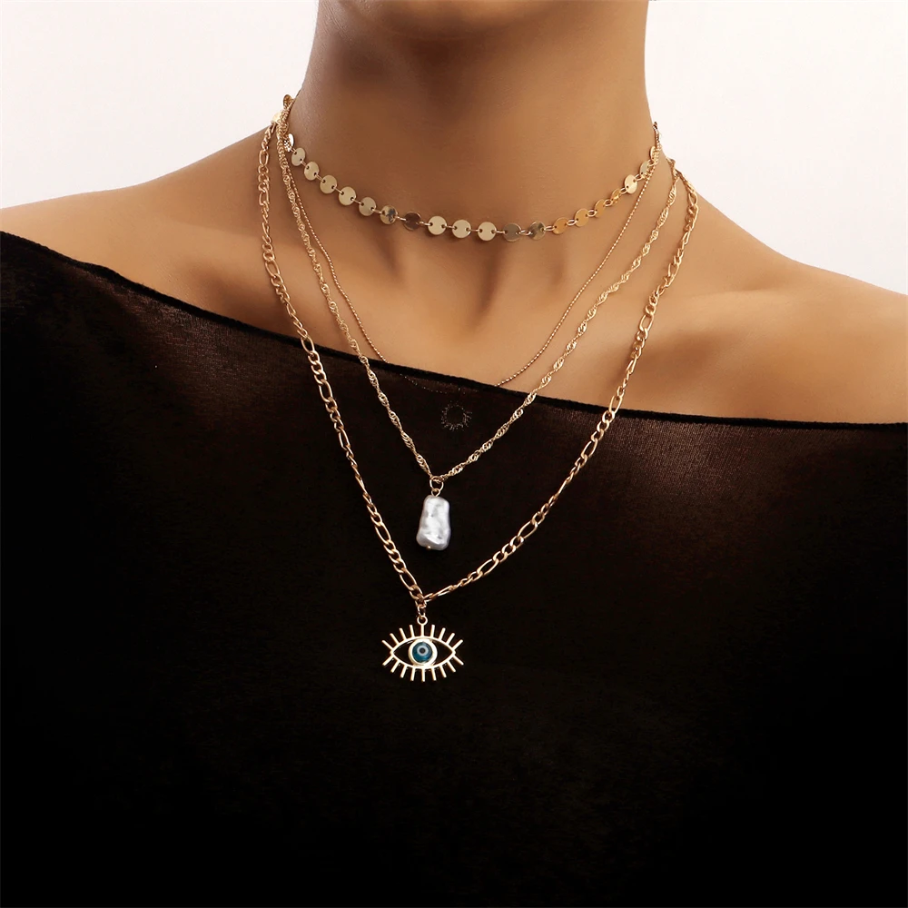 

Biokia Simple Sequins Chain Choker For Women Statement HipHop Necklace Multilayer Personality Eyes Charm Neck Female Jewelry