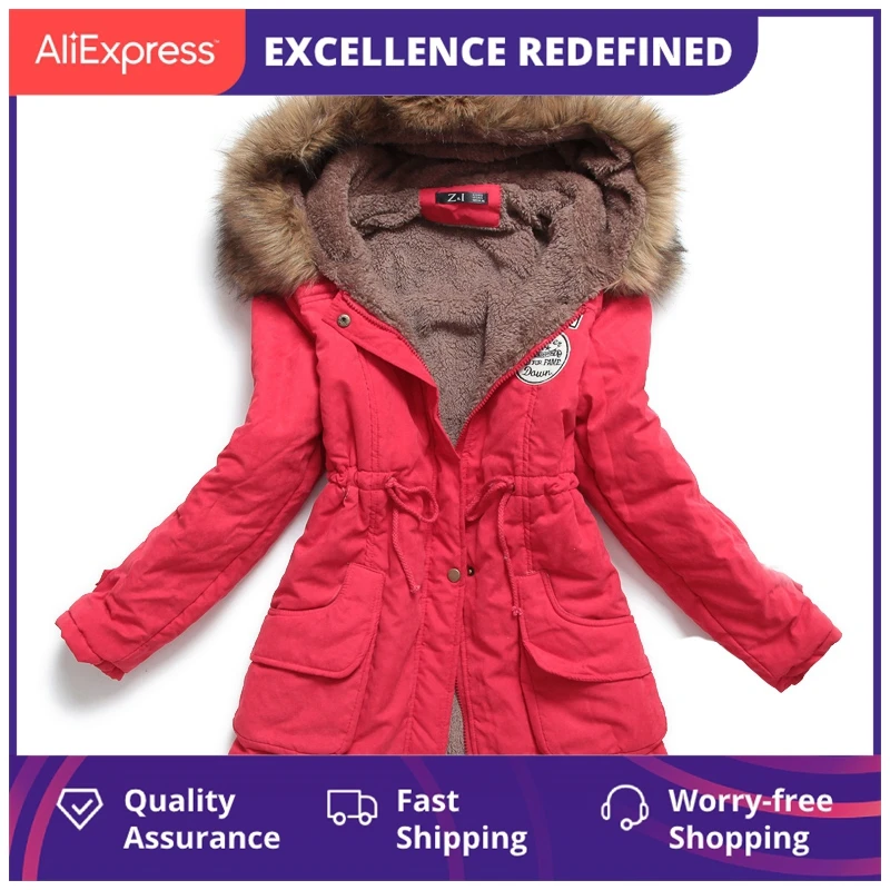 

Новая зимняя Женская куртка средней длины, утепленная верхняя одежда, пальто с капюшоном, приталенная парка, куртка с хлопковой подкладкой, ...