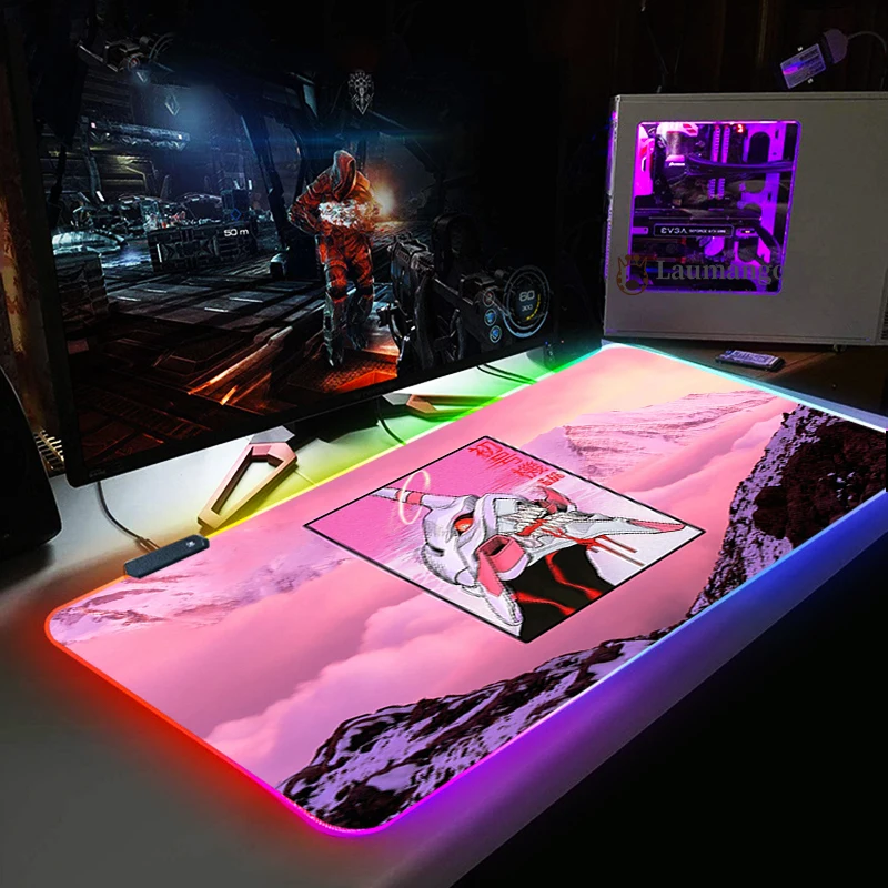 

Anime Evangelion RGB Gaming Large Mouse Pad Gamer Led Computer Mousepad with Backlight Carpet For keyboard Desk Mat