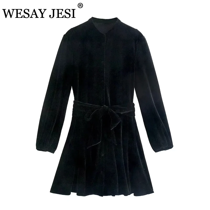 

WESAY JESI ZA 2021 осенние элегантные платья для женщин с длинным рукавом черное бархатное мини-платье Модные женские вечерние платья с поясом
