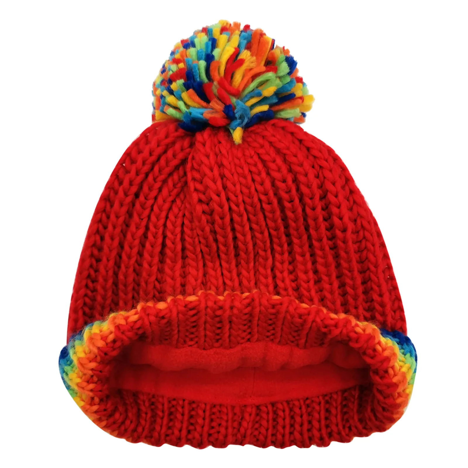 

Autumn Winter Warm Kits For Childrens Boys And Girls Rainbow Color Puffy Ball Knitted Hat + Rainbow Knitted Scarf Wwo-piece Suit