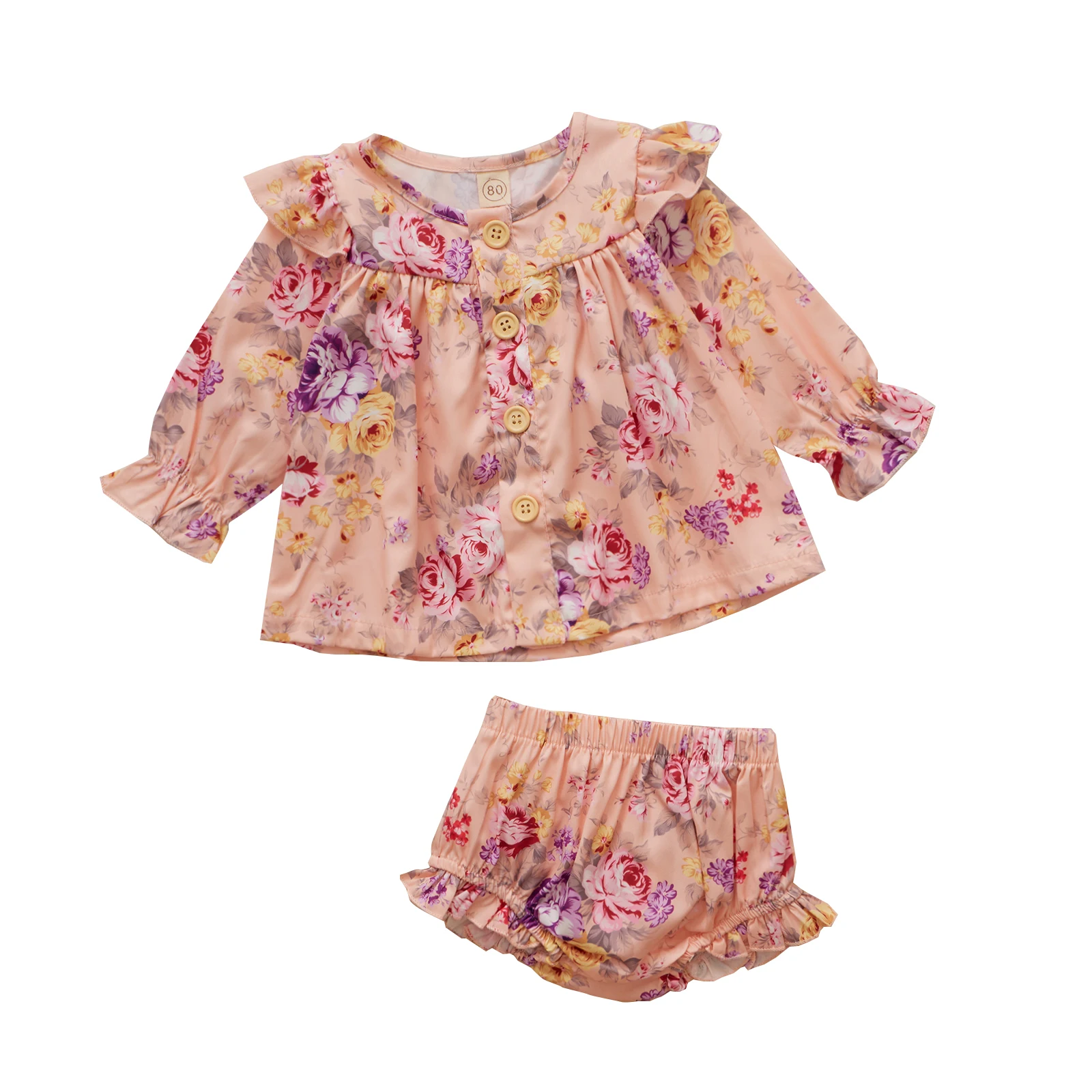 

Infant Kids Baby Girls Floral Print Clothes Set, Long Sleeve Large Hem O-neck Tops+Short Pants with Ruffles 6M-4T