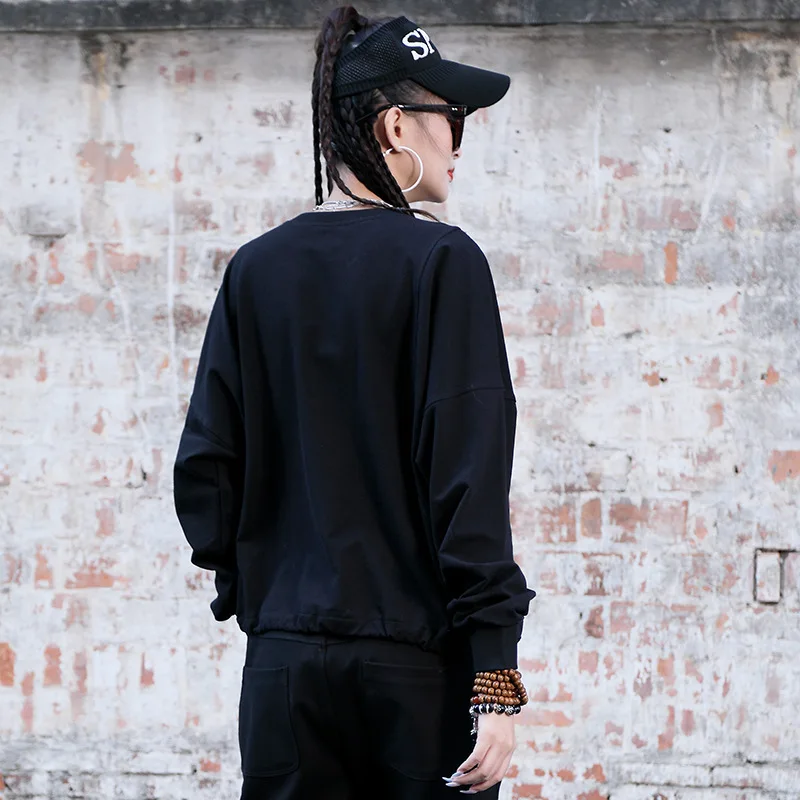 

Sweater Women 2021 Spring New Round Neck Loose Long Sleeve T-shirt Zipper Black Top Fashion Ins Tshirts Female Tees Yalabovso