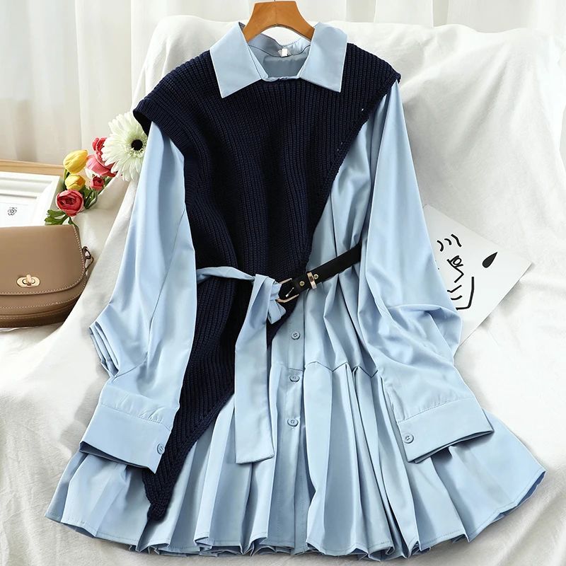 

Two Piece Outfits for Women Streetwear Pleated Skirts Mini Dresses Irregular Knitted Vest 2021 Fashion Suit 2 Piece Sets