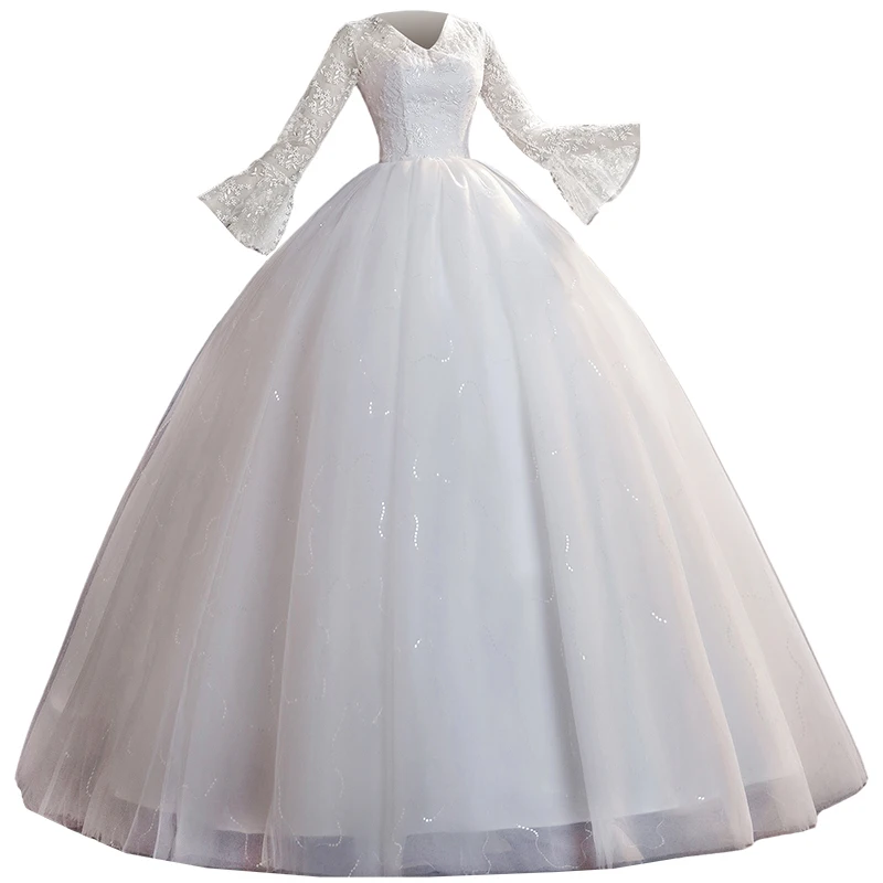 Popodion свадебное кружевное платье с v-образным вырезом Свадебное длинным рукавом es