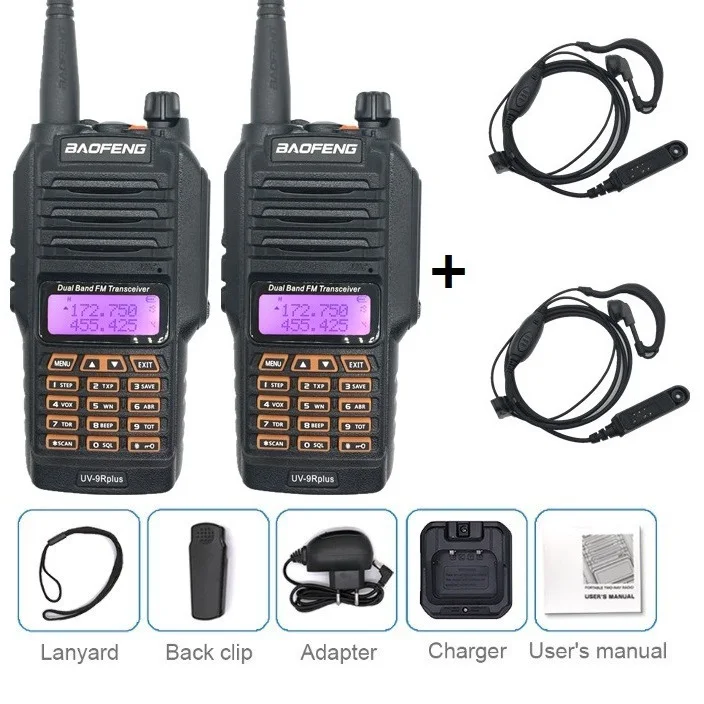 2 шт. BAOFENG UV-9R PLUS 10 Вт Высокая мощность портативная рация Водонепроницаемый VHF UHF Ham CB радио приемопередатчик сканер двухстороннее радио Охотник - Цвет: 2pcs add earpiece